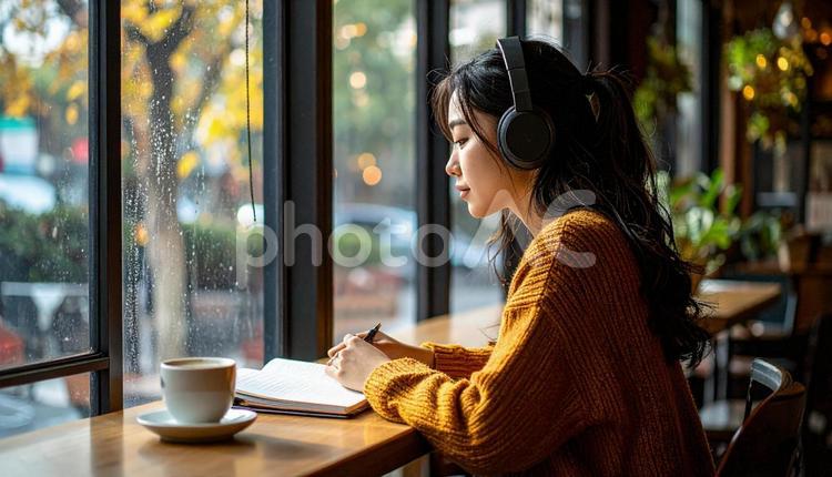お気に入りの音楽を聴きながら勉強する女性 勉強,ノートパソコン,女性の写真素材