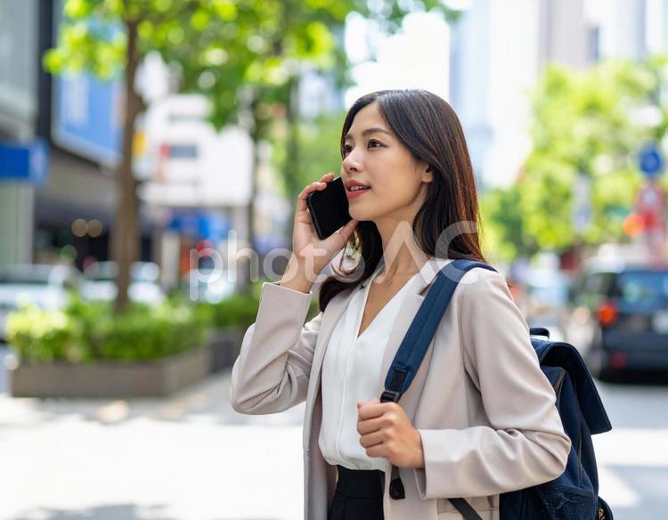 夏のオフィス街でスマホ通話する女性 ビジネスウーマン,通勤,外回りの写真素材