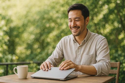 屋外のカフェでリラックスする男性 屋外のカフェでリラックスする男性の写真