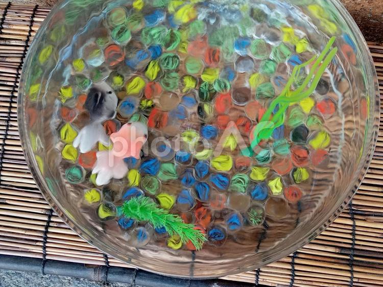 手水舎　ビー玉　金魚の玩具 手水舎,ビー玉,神社の写真素材