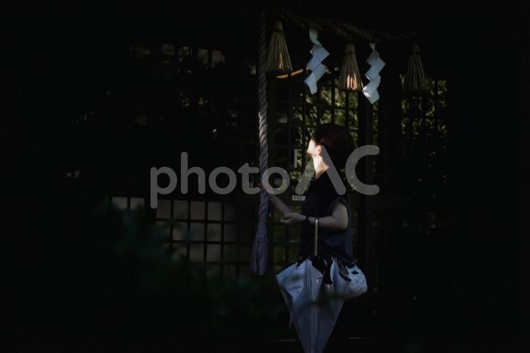 ＜素材＞旅行で夕暮れの神社を散策する女性 女性,人物,風景の写真素材
