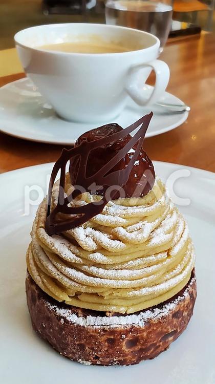 栗のモンブランでコーヒータイム モンブラン,栗,ケーキの写真素材