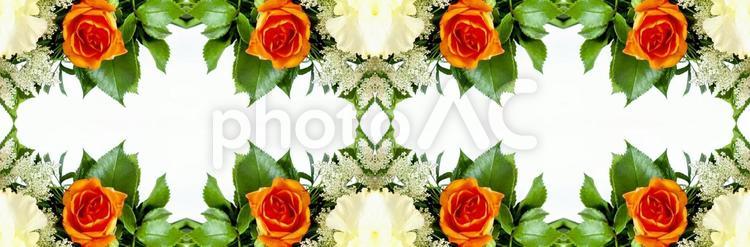 主にオレンジ色とグリーンの3種花柄素材 花,オレンジ色,バラの写真素材