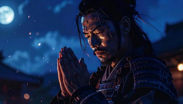戦国時代、月に祈る武士の写真