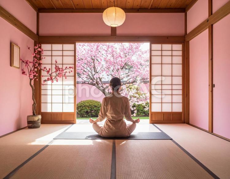 ピンクの癒し空間でヨガによる深呼吸と瞑想 ヨガ,瞑想,ピンク色の部屋の写真素材