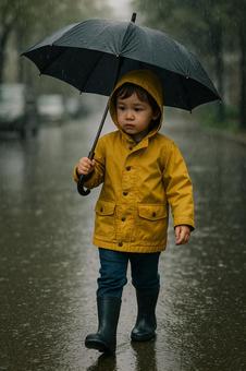 雨の中を歩く少年 雨の中を歩く少年の写真