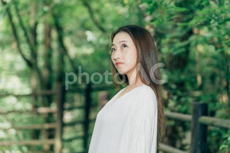 森の中にいるロングストレートヘアの女性 女性,ボタニカル,ワンピースの写真素材