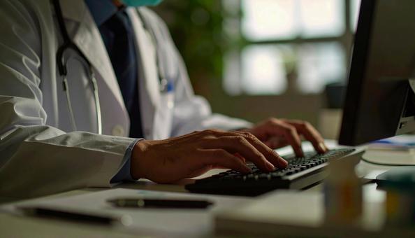 病院で電子カルテに入力する男性の手もと 病院で電子カルテに入力する男性の手もとの写真