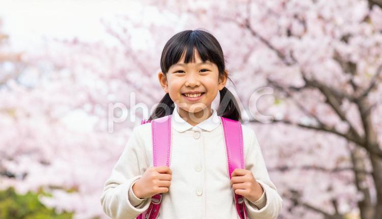 桜の下でランドセルを背負う日本人の女の子 入学式,1年生,4月の写真素材