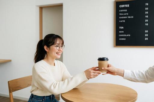 カフェで飲み物を受け取る女性 カフェで飲み物を受け取る女性の写真