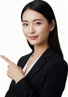 スーツを着た女性が指差しする スーツを着た女性が指差しするの写真