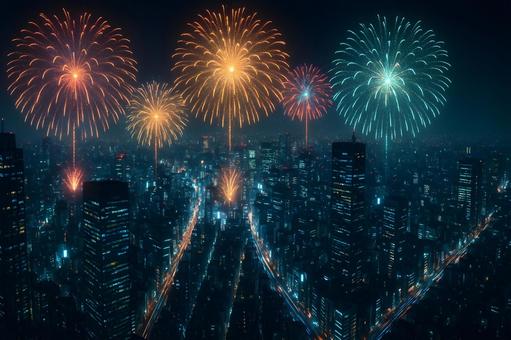 都心夜景と彩りの花火 都心夜景と彩りの花火の写真