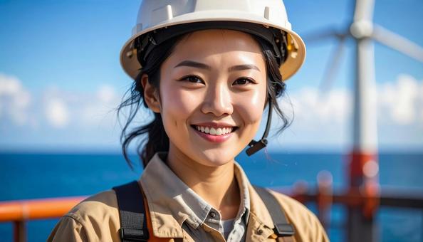 風力発電所で笑顔の作業服を着た若い女性 風力発電所で笑顔の作業服を着た若い女性の写真