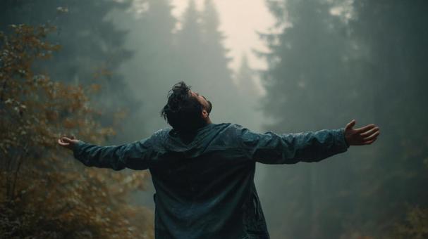 霧の深い森で両手を広げる男性の写真