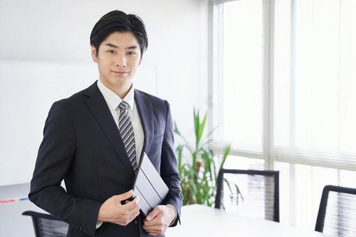 Japanese businessman with a tablet, male, businessman, japanese, JPG