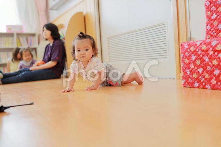 保育園でハイハイする赤ちゃん8 保育園,ハイハイ,親子の写真素材