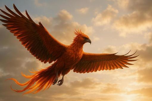 夕暮れの空を舞う伝説の不死鳥フェニックス 夕暮れの空を舞う伝説の不死鳥フェニックスの写真