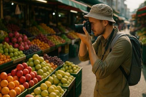 市場で写真を撮る人物の写真