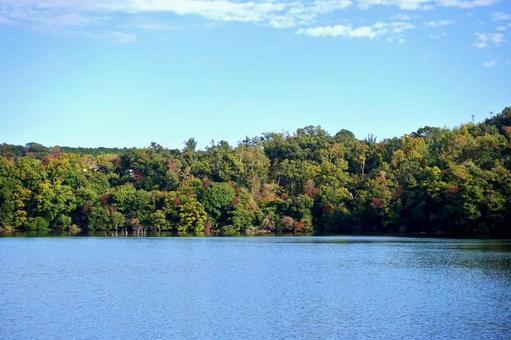 湖面を渡る初秋の風　一碧湖 湖面,初秋,さざ波の写真素材