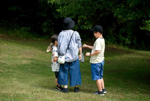 <素材>真夏の公園を散策する家族の風景 <素材>真夏の公園を散策する家族の風景 家族,親子,女性の写真素材