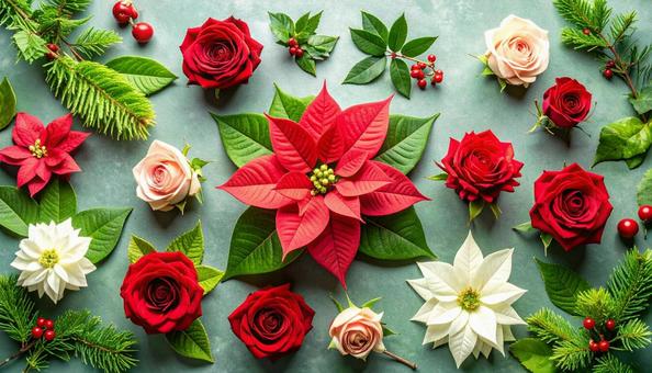 12月誕生花　ポインセチア、赤いバラの写真