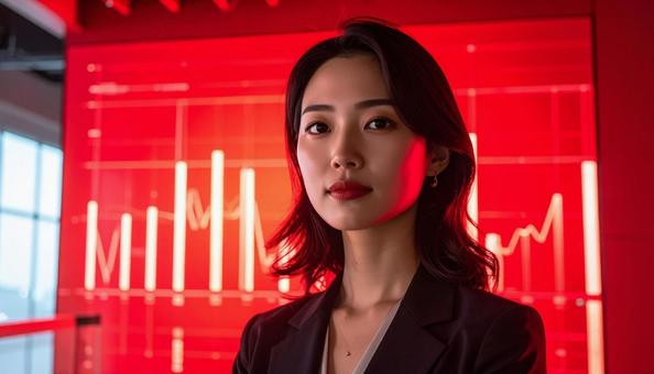 ディルプレイのチャートの前に立つ女性社員 ディルプレイのチャートの前に立つ女性社員の写真