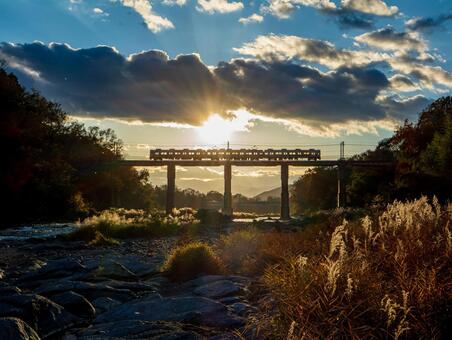 秩父鉄道荒川橋梁 長瀞,橋,鉄道の写真素材