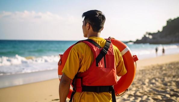 砂浜から海を見つめるライフセーバーの男性 砂浜から海を見つめるライフセーバーの男性の写真