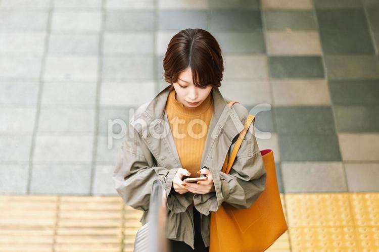 秋の街でスマホを使う女性 女性,秋,スマホの写真素材