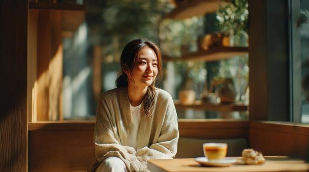 おしゃれなカフェでくつろぐ女性 おしゃれなカフェでくつろぐ女性の写真