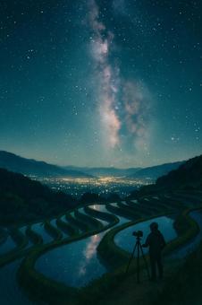 棚田に映る天の川と星空を撮影する人 棚田に映る天の川と星空を撮影する人の写真