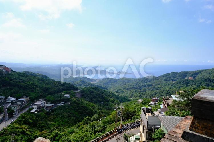 九份から見た海 九份,山,台湾の写真素材