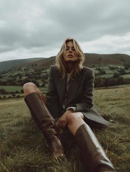 秋の草原と女性の姿 秋の草原と女性の姿の写真