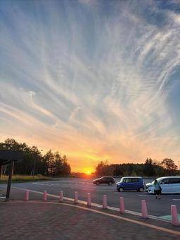 Photo, setting sun, fluffy cloud, autumn sky, 