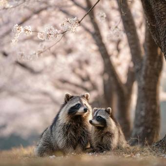 桜の下に寄り添う2匹のアライグマ 桜の下に寄り添う2匹のアライグマの写真