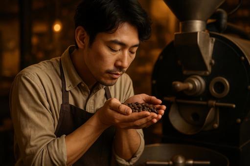 焙煎機前で香りを確かめるの写真