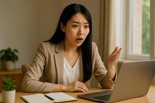 驚くデスク女性 驚くデスク女性の写真