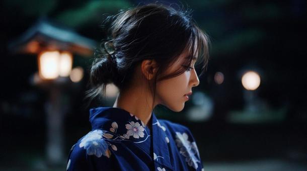 Back view of a woman wearing a navy blue floral yukata, yukata, flower handle, navy blue, JPG