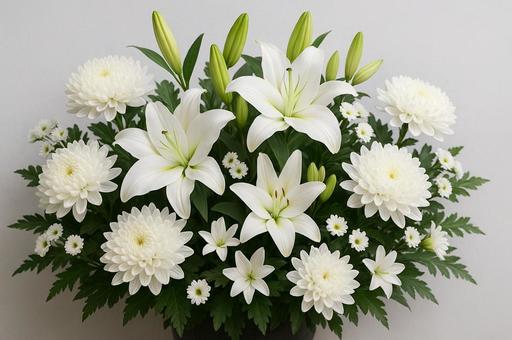 白菊や百合を中心にした供花アレンジ 白菊や百合を中心にした供花アレンジの写真