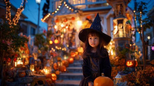 ハロウィンの仮装の女の子と飾りつけ3 ハロウィンの仮装の女の子と飾りつけ3の写真