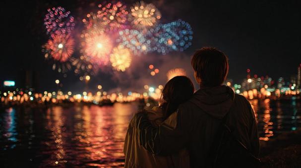 寄り添う恋人と花火 寄り添う恋人と花火の写真