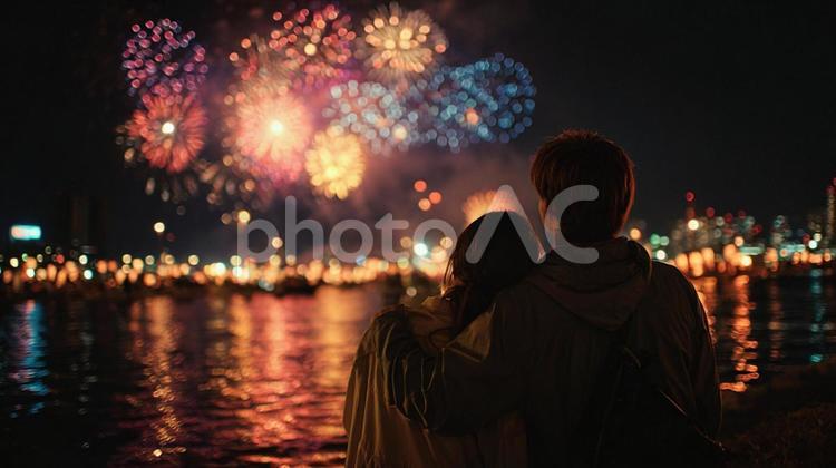 寄り添う恋人と花火 カップル,花火,夜景の写真素材