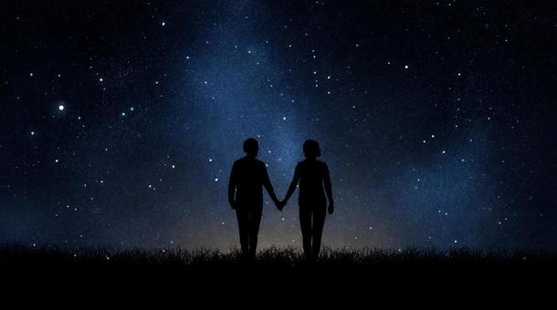 Shadows of two people connected to the starry sky Couple Space, starry sky, a couple, to connect, JPG