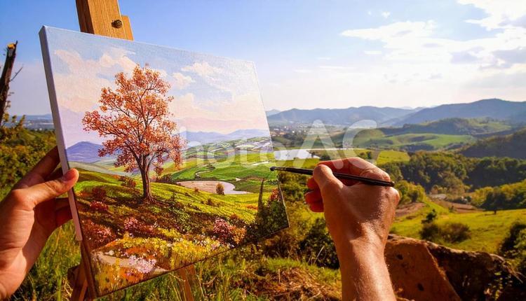 自然の緑の色を塗る手元 自然,絵画,色の写真素材
