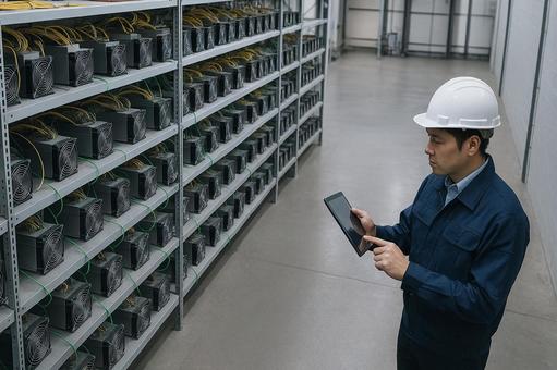 マイニング工場内部大量のビットコインリグ マイニング工場内部大量のビットコインリグの写真