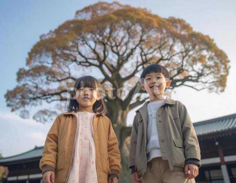 大きな樹の下に立つ子供たち 子供,樹,大木の写真素材