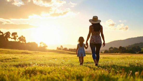 草原を歩く親子の後ろ姿の写真