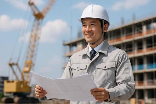 建築現場で図面を持つ作業服男性 建築現場で図面を持つ作業服男性の写真