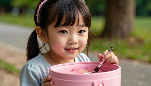 子供用のメイクボックスとメイクする女の子の写真