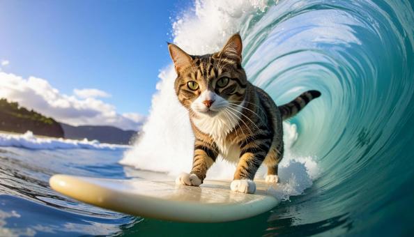 サーフィン中チューブに包まれる寸前の猫Dの写真